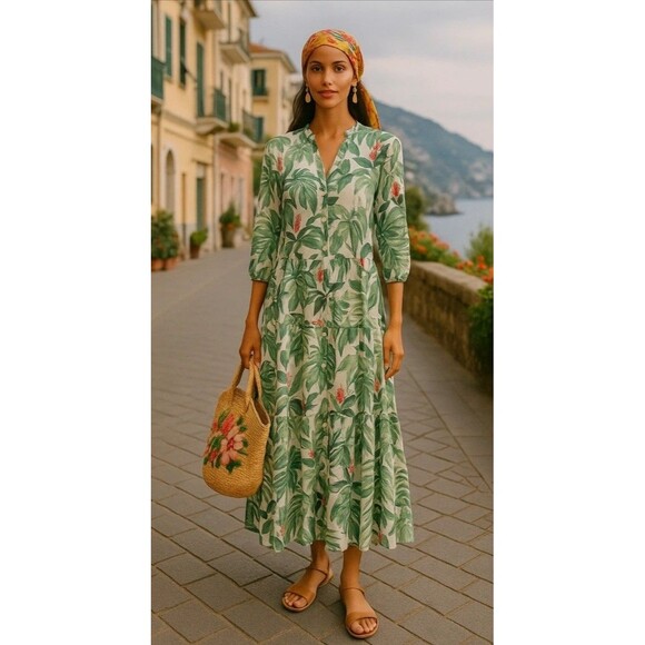 J. MCLAUGHLIN Linen Cotton FLORAL Print CUNNINGHAM PALM Resort MAXI Dress XS EUC - Picture 1 of 10